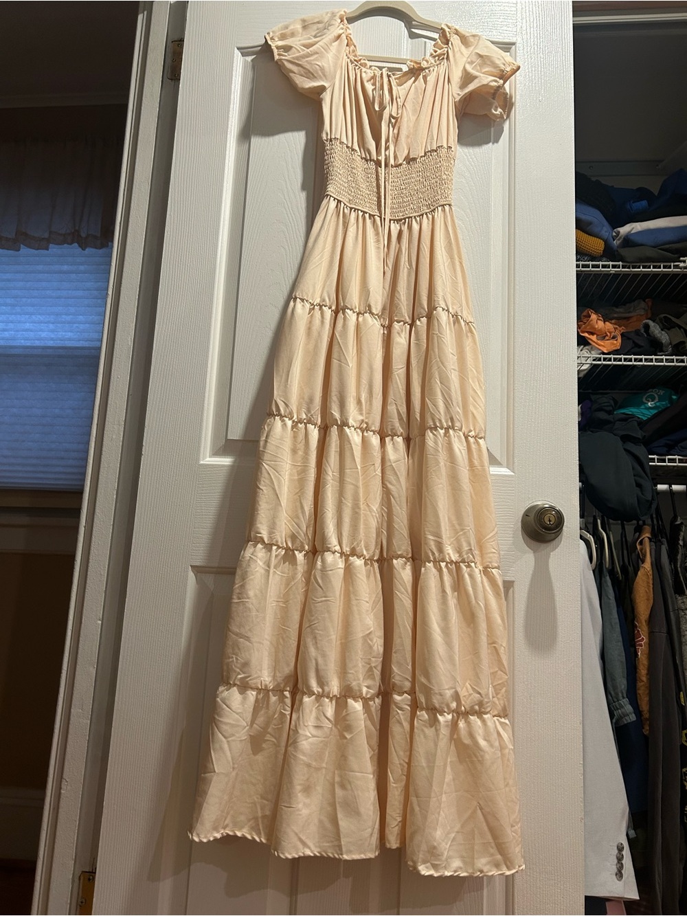 Costume Smocked Waist Cream Maxi Dress with Puff Sleeves